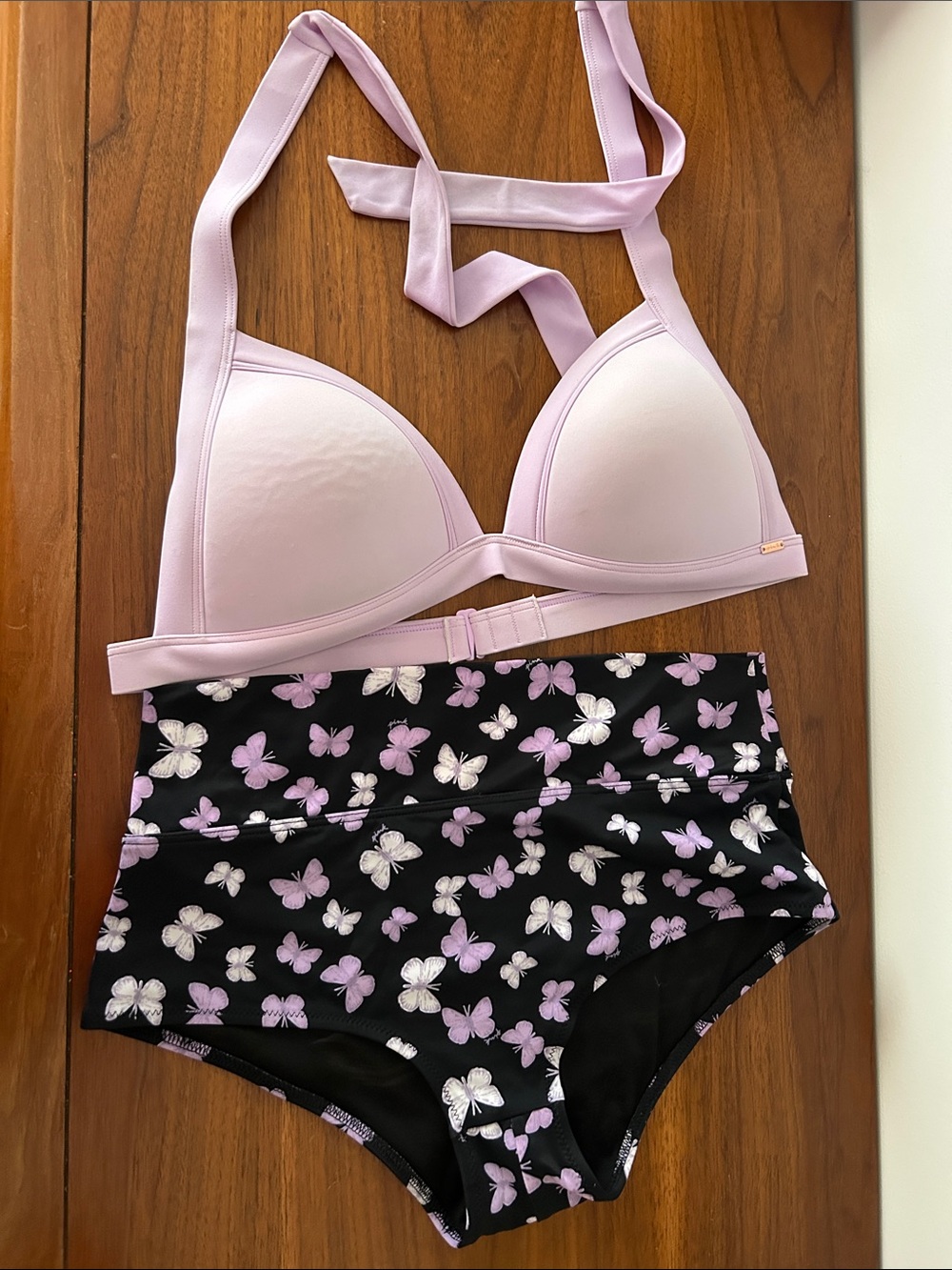 Light Purple Bikini Top with Black Butterfly High-Waist Bottoms